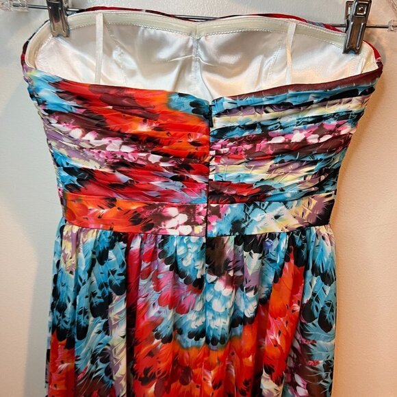 Aidan Mattox Hi Low Feather print strapless chiffon gown, Size 0 - Picture 10 of 15